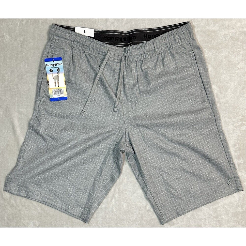 NWT Hang Ten Mens Size L Chino Hybrid Gray Grid Shorts E-Waist Stretch Walkshort